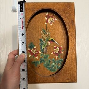 Wooden Plaque with Hummingbird and Flowers